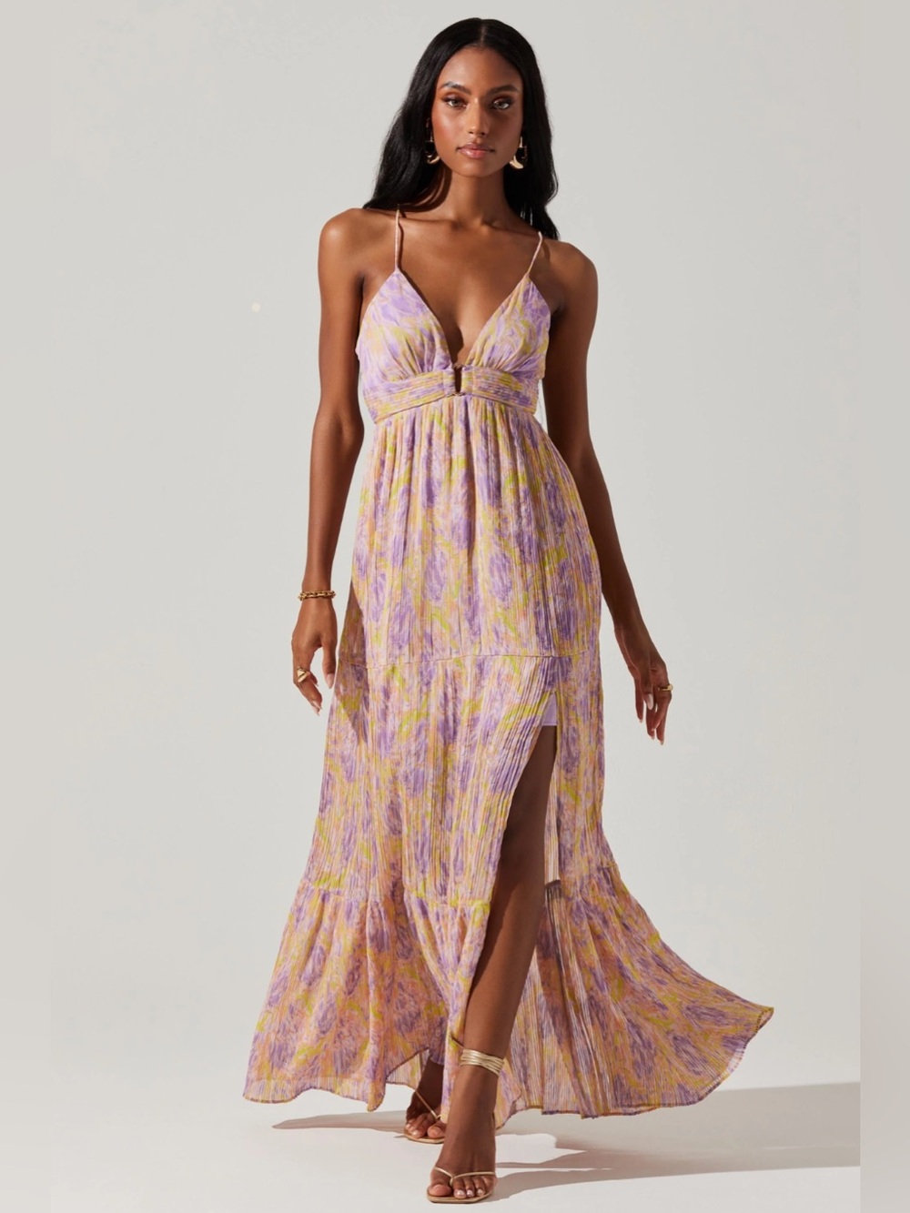 ASTR Minari Pleated Floral Maxi Dress Medium Purple Wedding Guest Garden Party